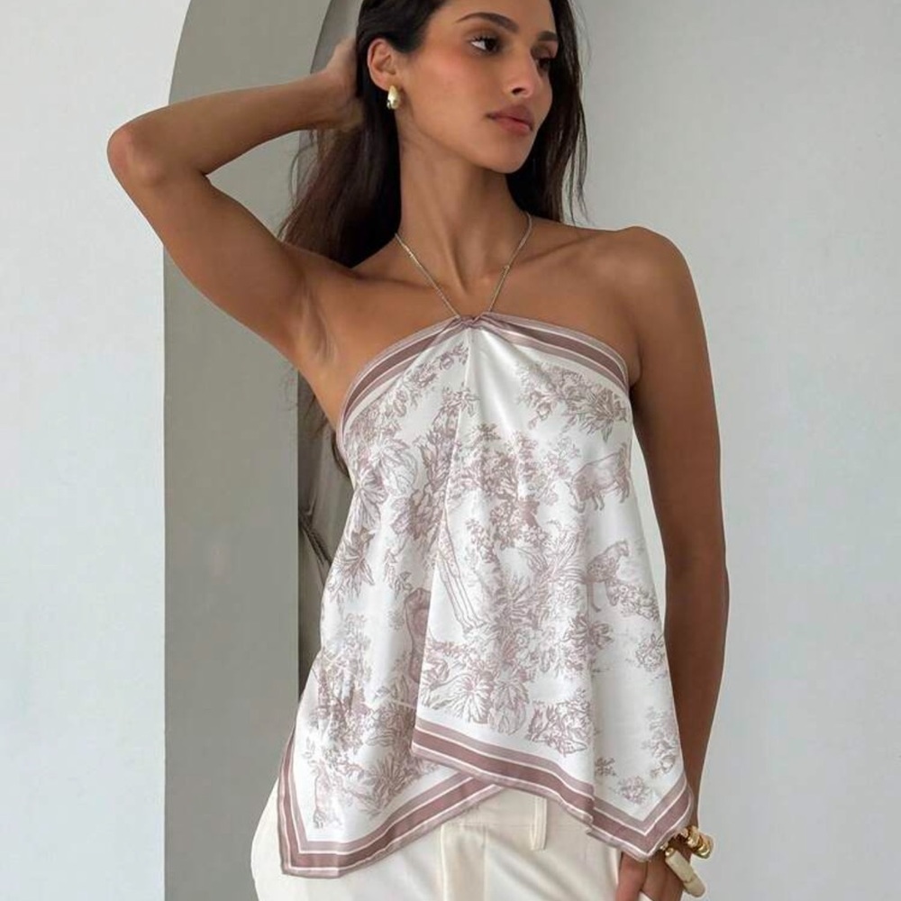Rebellious Rose White and Taupe Floral Handkerchief Top